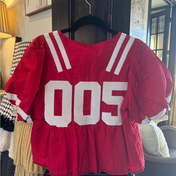 Red V-Neck Blouse with White Stripes - Picture 2 of 2